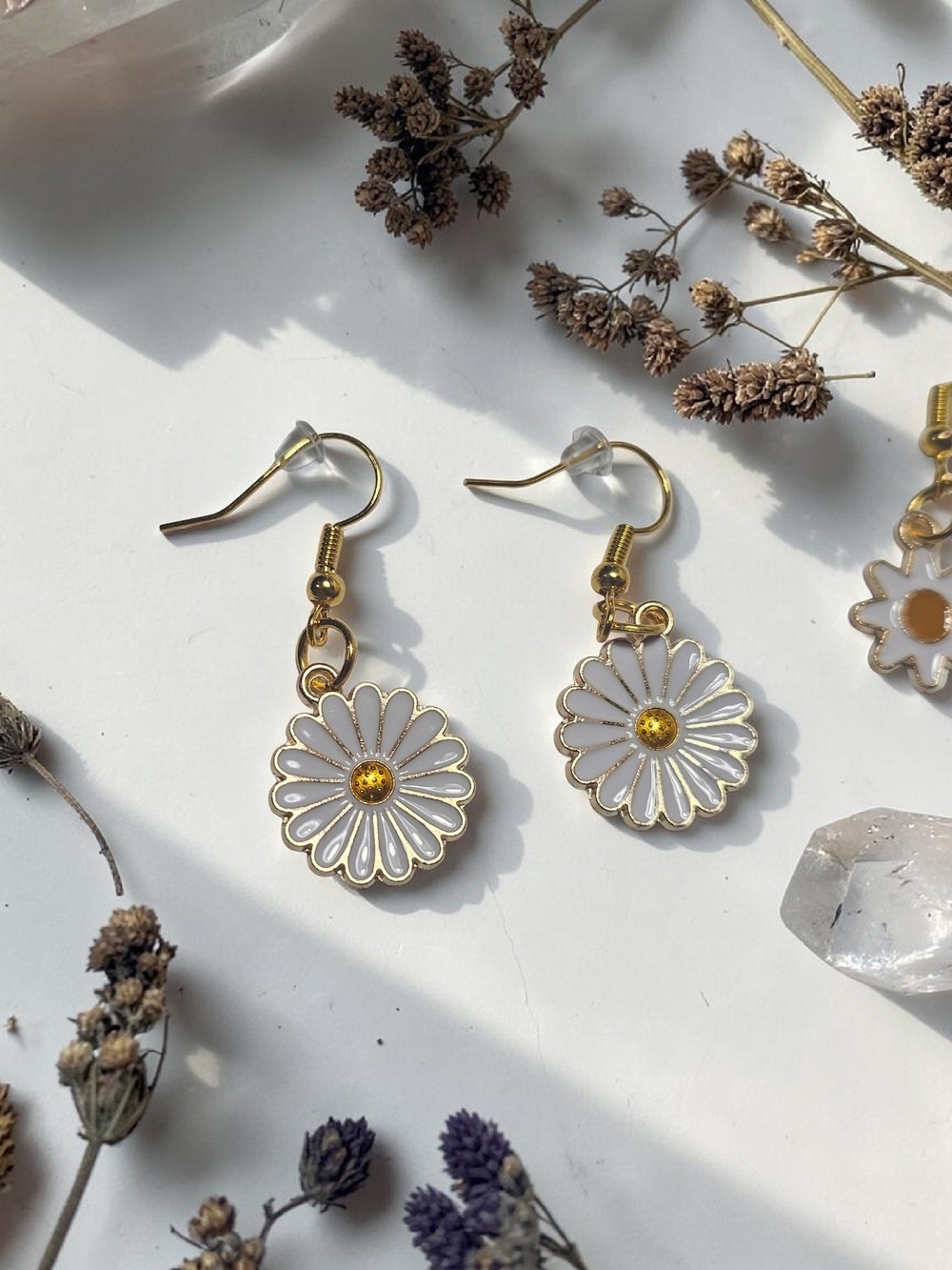 Gold & White Daisy Drop Earrings Women Jewelry